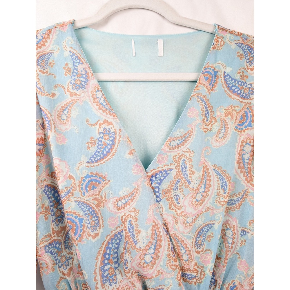 Floral Fairy Smocked Mini Wrap Dress Size‎ S Blue Paisley Ruffle Dainty Coquette - Picture 7 of 9